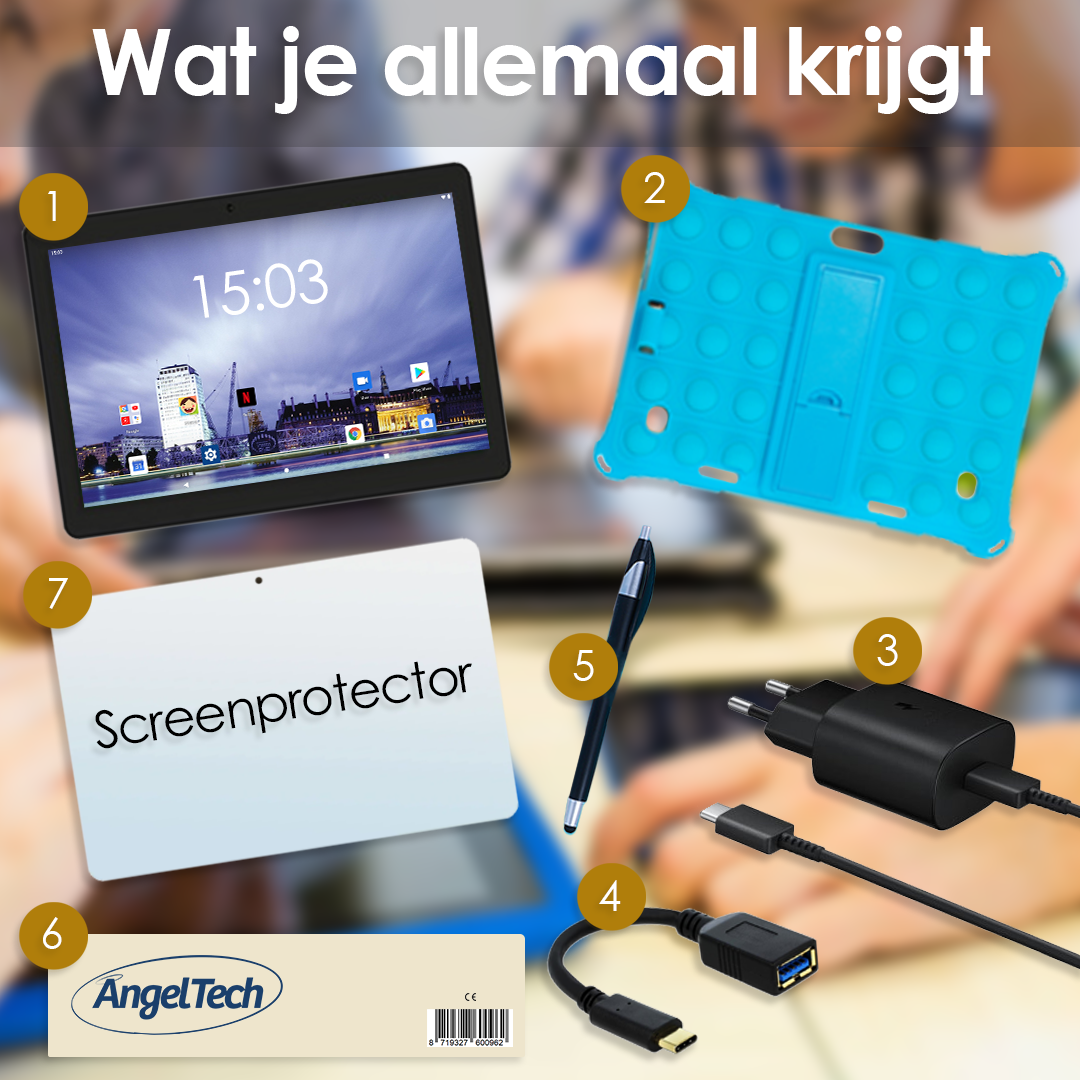 AngelTech Kindertablet XL – 100%Kidsproof– Extra Groot – Ook Voor Volwassen Gebruik – 10 inch - Ouderlijk toezicht – Fidgy beschermhoes - 32GB – Blauw of Roze