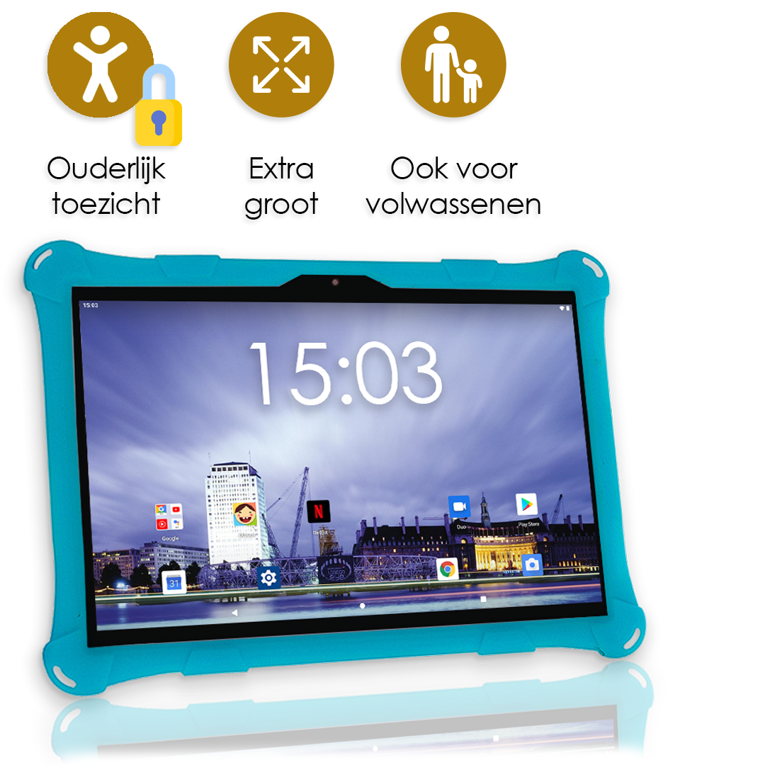 AngelTech Kindertablet XL – 100%Kidsproof– Extra Groot – Ook Voor Volwassen Gebruik – 10 inch - Ouderlijk toezicht – Fidgy beschermhoes - 32GB – Blauw of Roze