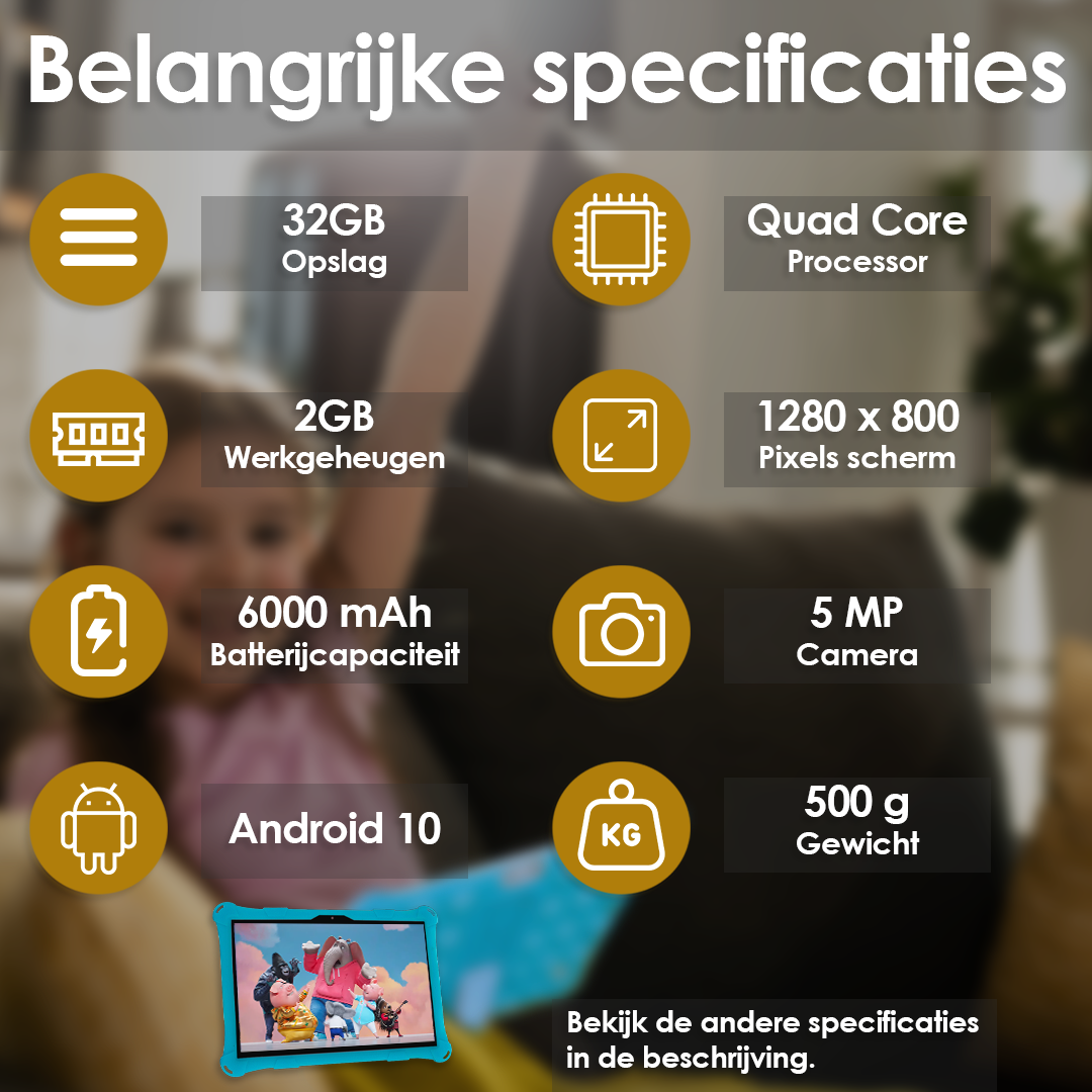 AngelTech Kindertablet XL – 100%Kidsproof– Extra Groot – Ook Voor Volwassen Gebruik – 10 inch - Ouderlijk toezicht – Fidgy beschermhoes - 32GB – Blauw of Roze