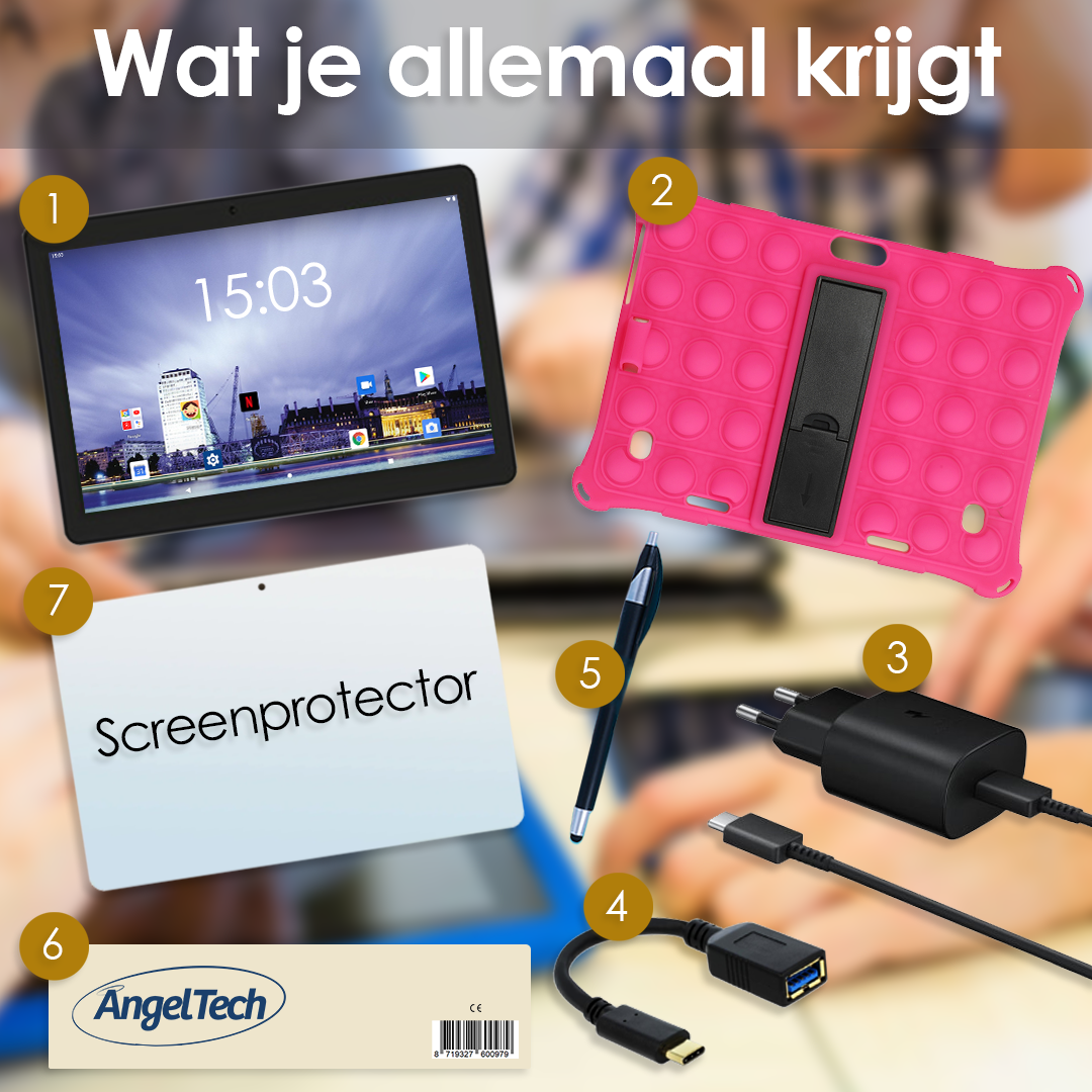 AngelTech Kindertablet XL – 100%Kidsproof– Extra Groot – Ook Voor Volwassen Gebruik – 10 inch - Ouderlijk toezicht – Fidgy beschermhoes - 32GB – Roze of Blauw