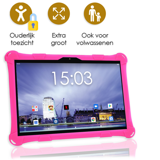 AngelTech Kindertablet XL – 100%Kidsproof– Extra Groot – Ook Voor Volwassen Gebruik – 10 inch - Ouderlijk toezicht – Fidgy beschermhoes - 32GB – Roze of Blauw