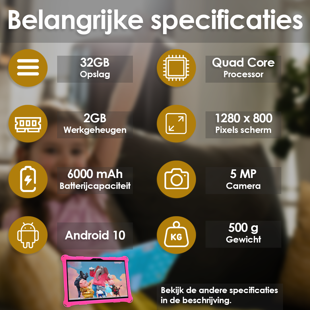 AngelTech Kindertablet XL – 100%Kidsproof– Extra Groot – Ook Voor Volwassen Gebruik – 10 inch - Ouderlijk toezicht – Fidgy beschermhoes - 32GB – Roze of Blauw