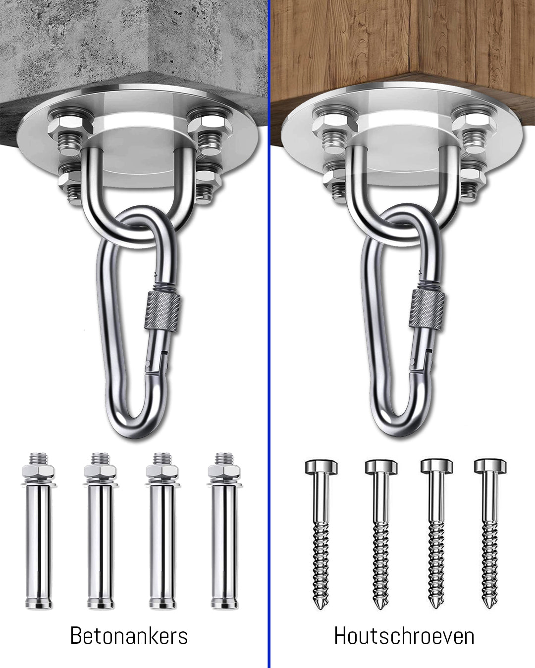 Plafondhaak – Ophangsysteem – Ophanghaak – Voor Beton en Hout -Hangstoel – Hangmat – Bokszak – RVS – Binnen en buiten – 500KG