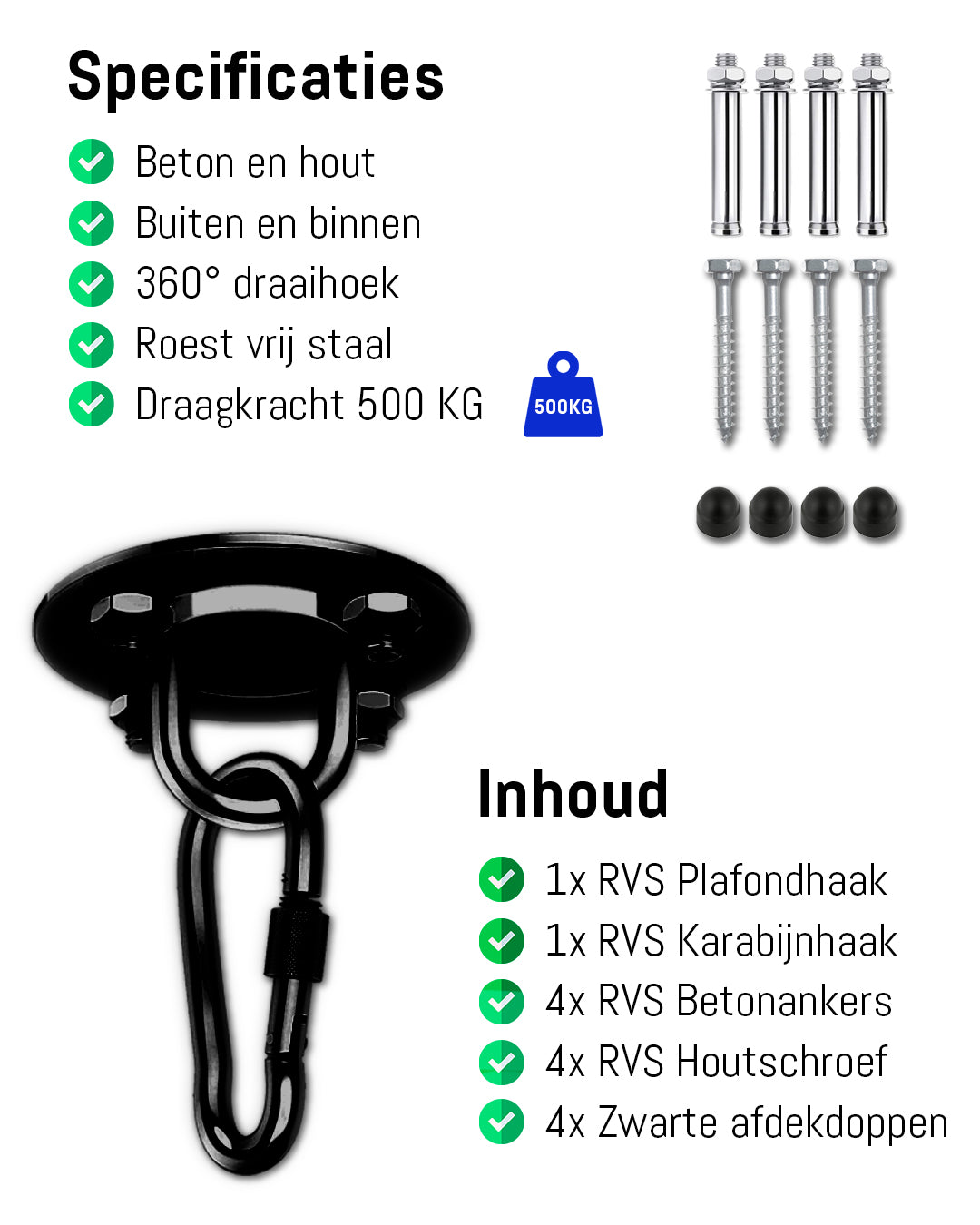 Plafondhaak – Zwart – Ophangsysteem – Ophanghaak – Voor beton en hout - Hangstoel – Hangmat – Bokszak – RVS – Binnen en buiten – 500KG