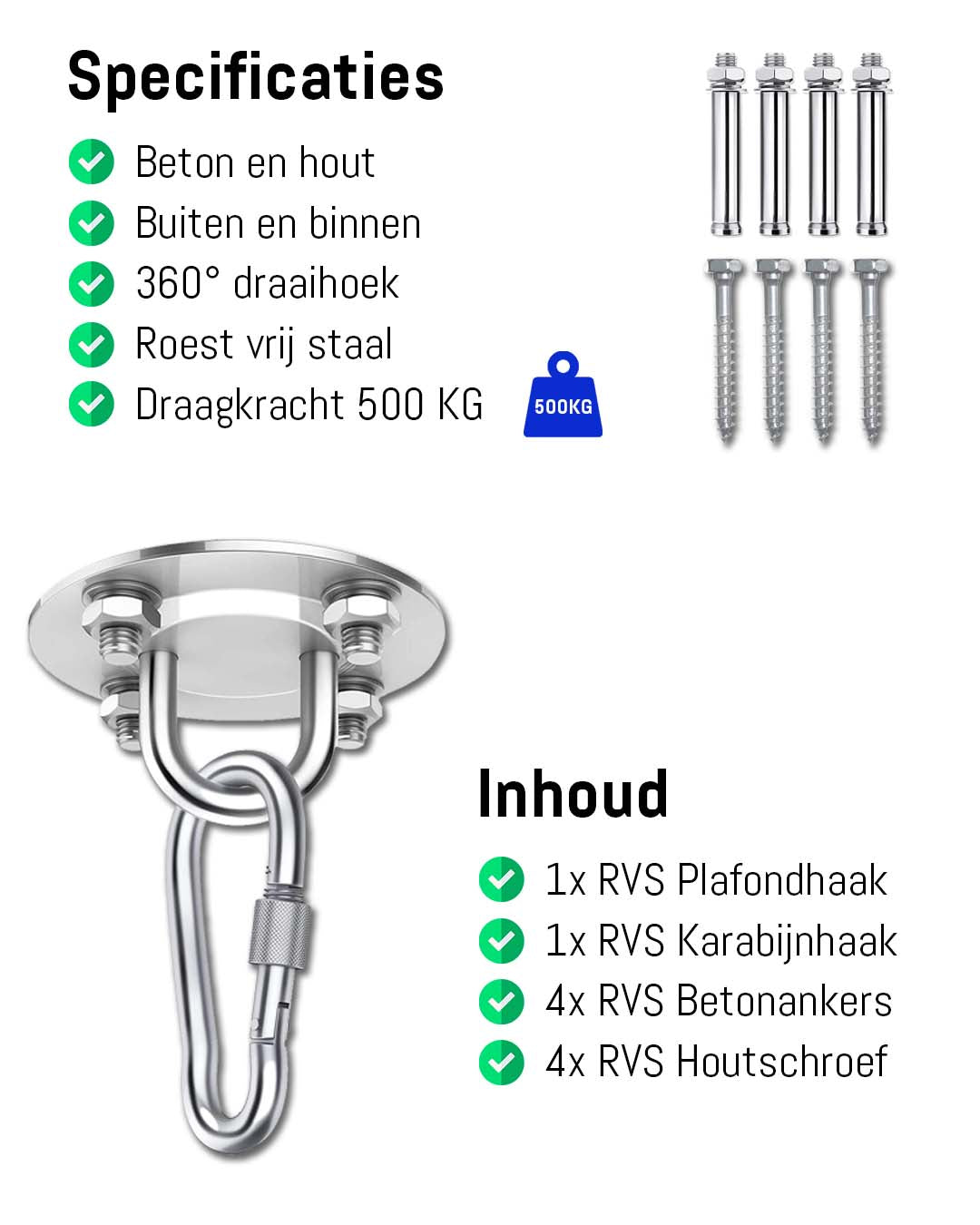 Plafondhaak – Ophangsysteem – Ophanghaak – Voor Beton en Hout -Hangstoel – Hangmat – Bokszak – RVS – Binnen en buiten – 500KG