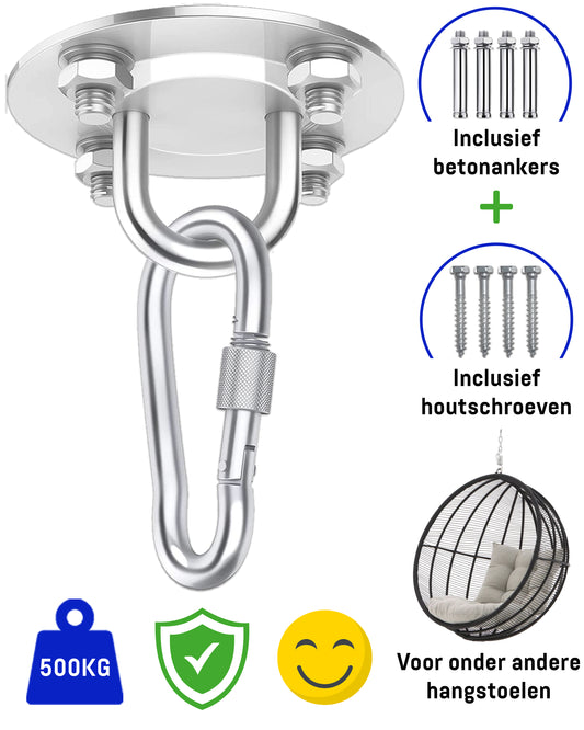 Plafondhaak – Ophangsysteem – Ophanghaak – Voor Beton en Hout -Hangstoel – Hangmat – Bokszak – RVS – Binnen en buiten – 500KG